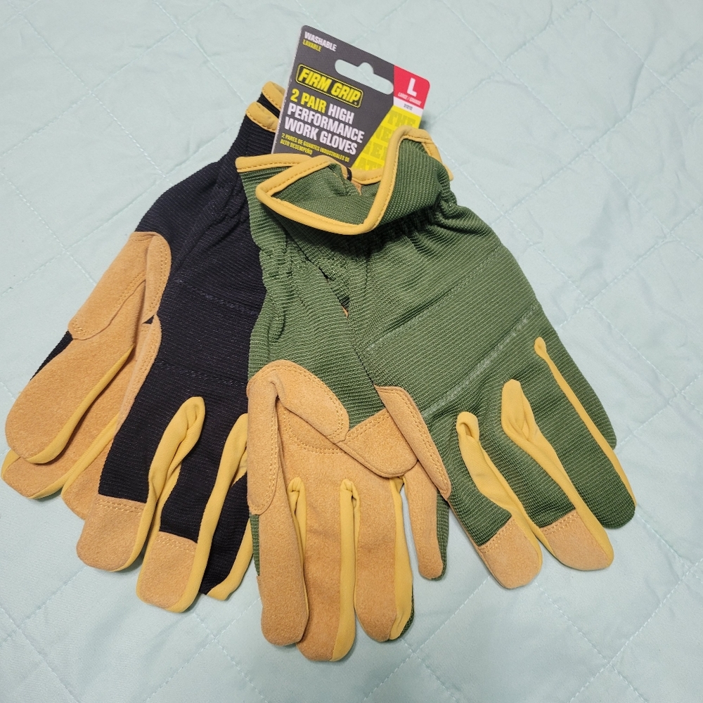 FIRM GRIP 2 Pack Large Utility Work Gloves Green Black  NEW